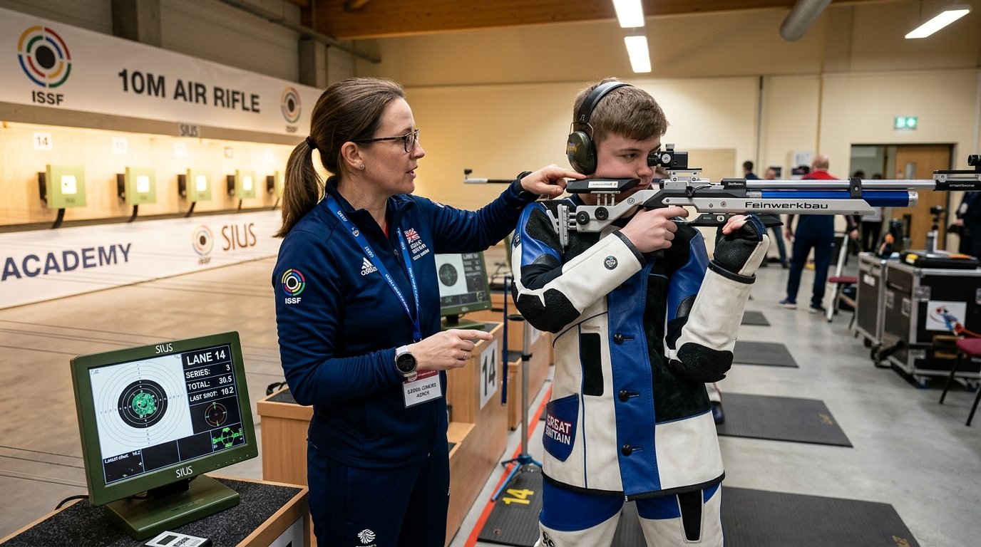 VAS Coach working with junior shooter on firing lane